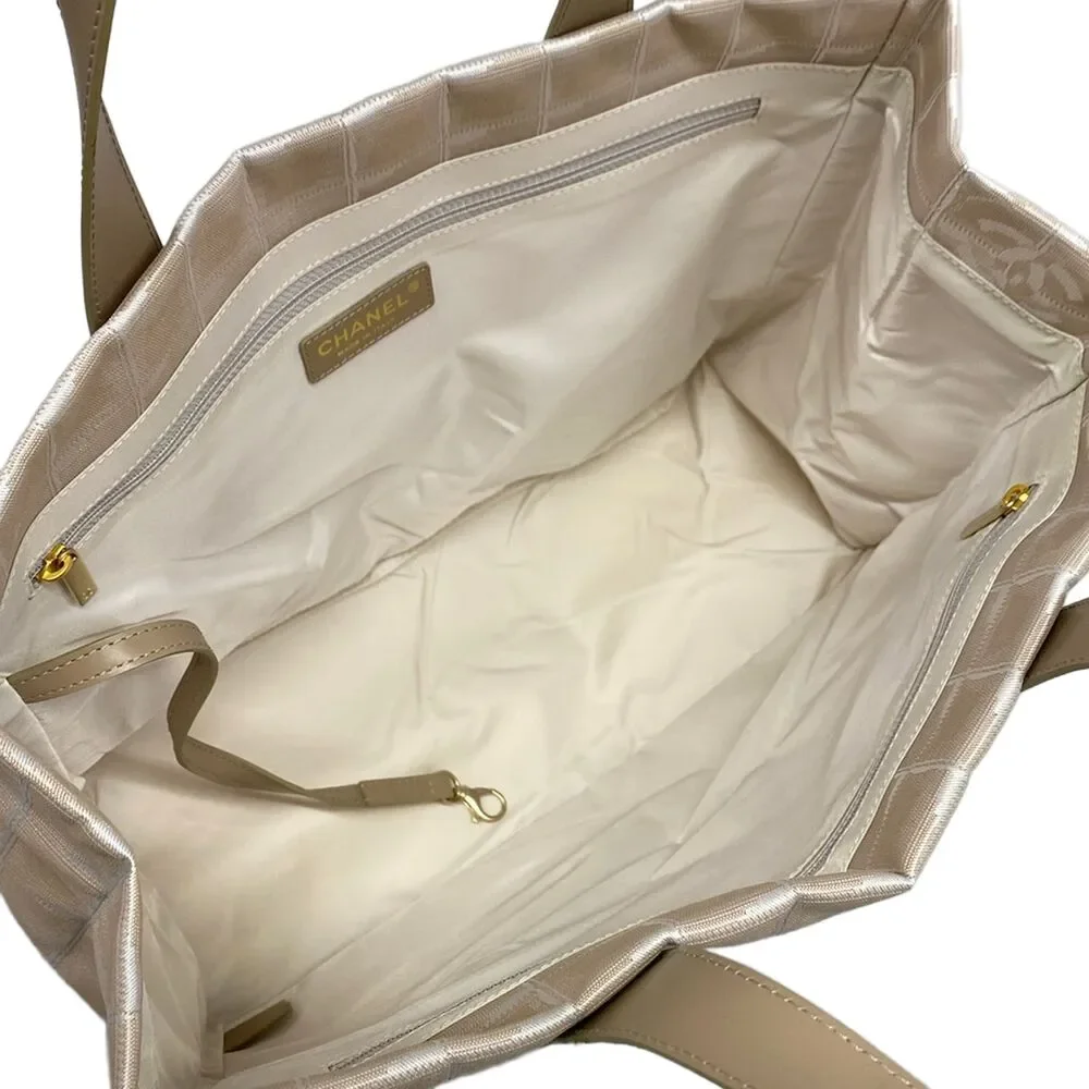 Chanel New Travel Line Tote MM Tote Bag Beige White Nylon Jacquard Leather